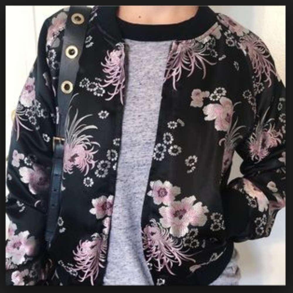 Lf Seek Silver Metallic Black Floral Bomber Jacket